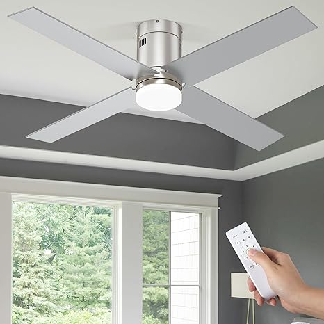 DWVO 52 Inch Flush Mount Ceiling Fan with Lights, Brushed Nickel Reversible 4 Blade Ceiling Fan with Dimmable 3 Color Temperature, 6 Speed DC Motor, Memory Function for Bedroom, Living Room