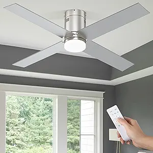 DWVO 52 Inch Flush Mount Ceiling Fan with Lights, Brushed Nickel Reversible 4 Blade Ceiling Fan with Dimmable 3 Color Temperature, 6 Speed DC Motor, Memory Function for Bedroom, Living Room
