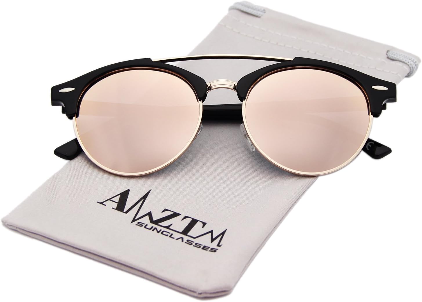 AMZTM Double Bridge Semi-Rimless Retro Polarized Reflective Round Sunglasses (Pink, 51)