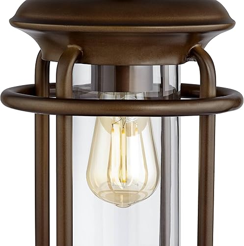 Miniatura 5 de Franklin Iron Works Andreas - Lámpara de mesa industrial con luz nocturna y puerto USB, 26 pulgadas de alto, tela de avena, pantalla cónica,