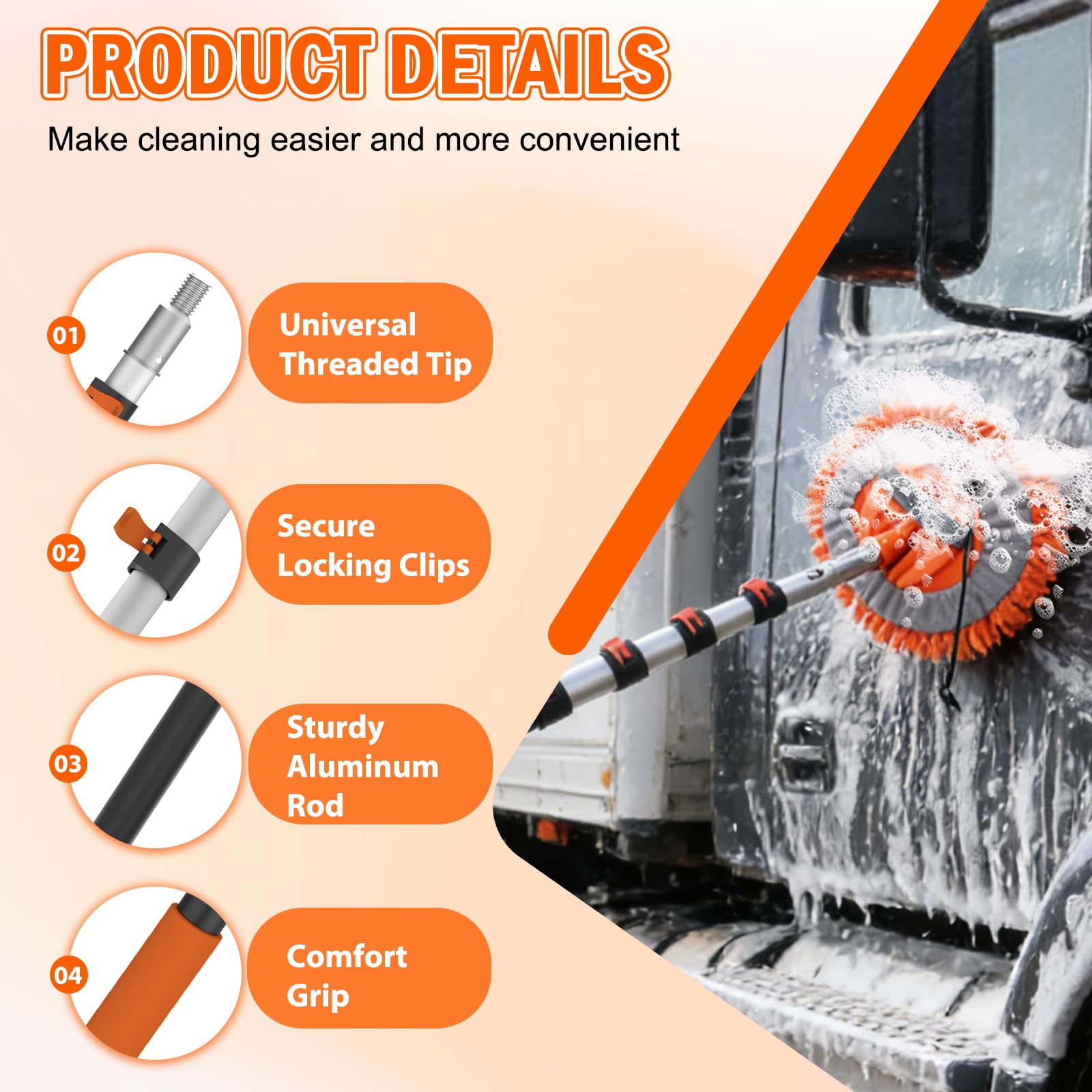 SISUPASSIE 4.8m Car Wash Brush Long Handle, Car Cleaning Brush Kit with Soft Bristle Brush, Telescopic Window Cleaner, Microfiber Wash Mop, Wheel Brush, Mitt for Cleaning Caravan, Boat, Solar Panels — view 3