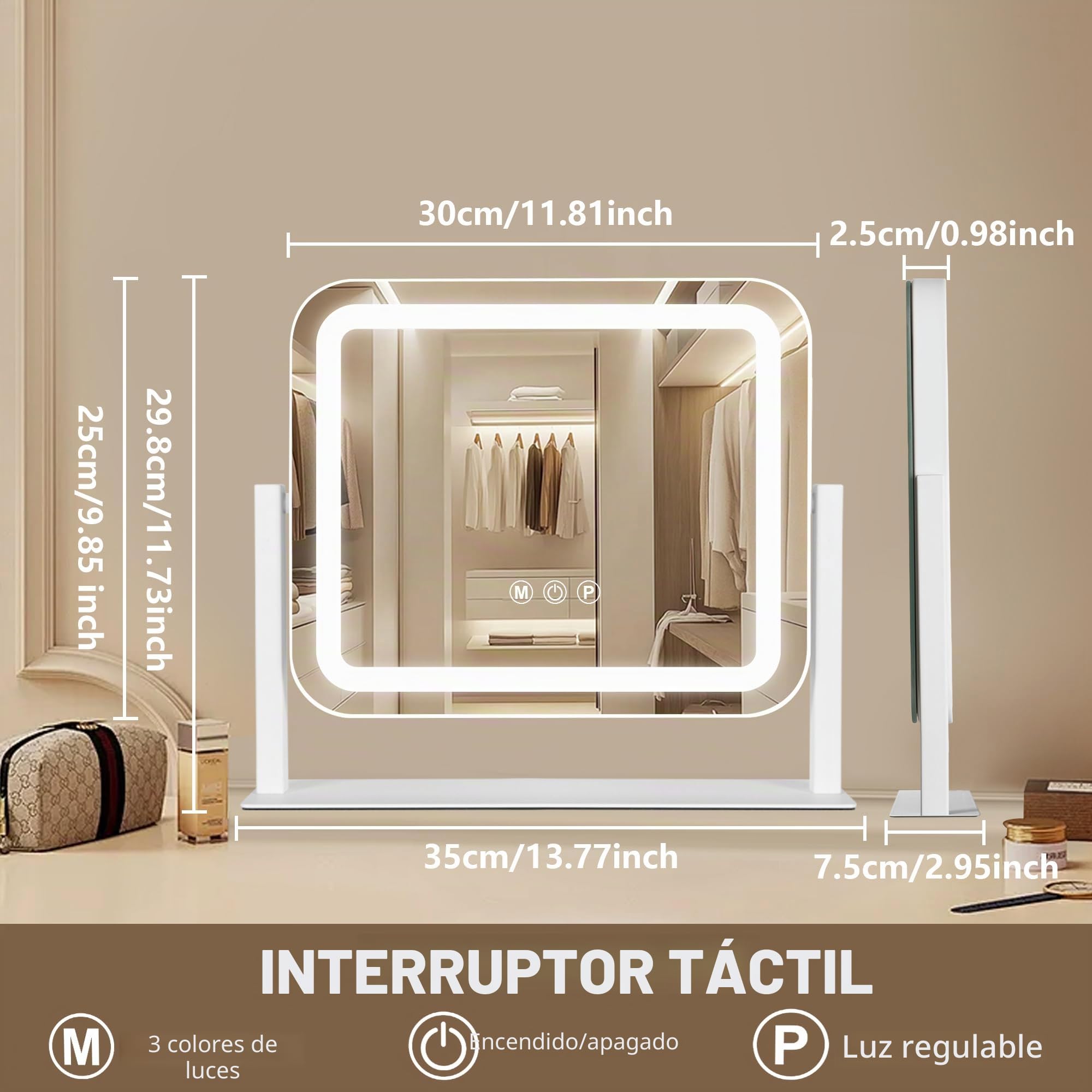 Ratsamee Espejo Maquillaje con Luz, Espejo Tocador 3 Modos de Luz, Intensidad Ajustable, Control Táctil, Giratorio 360°, Accesorio de Aumento Incluido, 35 x 30cm, Blanco