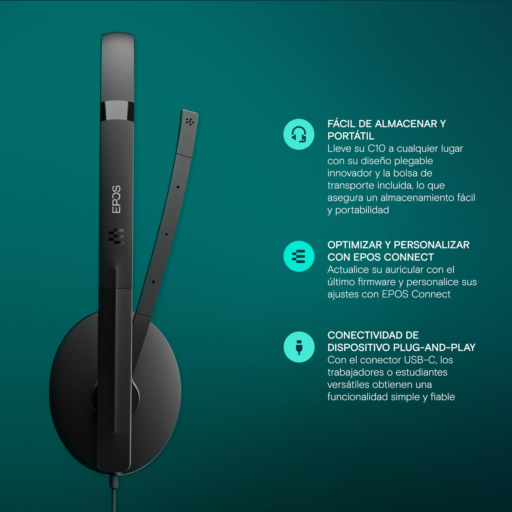 EPOS Auriculares con micrófono y USBSENNHEISER C10, Cascos con Cable con una conexión USBSencilla y Flexible y tecnología BrainAdapt, Negro, C10 USB-C