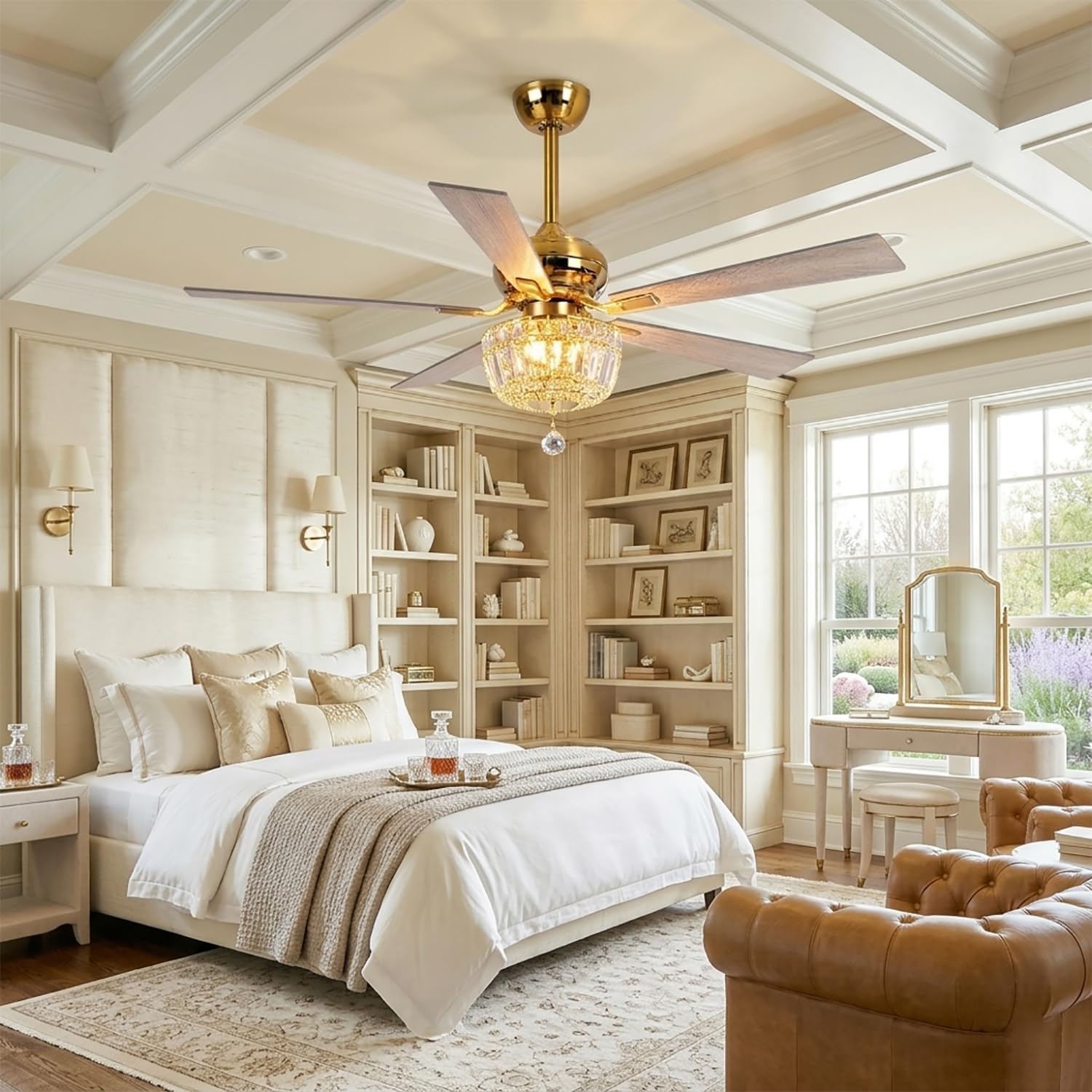 Gold Ceiling Fans with Lights and Remote 52 Inch Crystal Chandelier Ceiling Fan for Bedroom Living Room, Modern Lighting & Ceiling Fans Low Profile, Reversible 5 Blade, E12 Socket, Ventilador de Techo