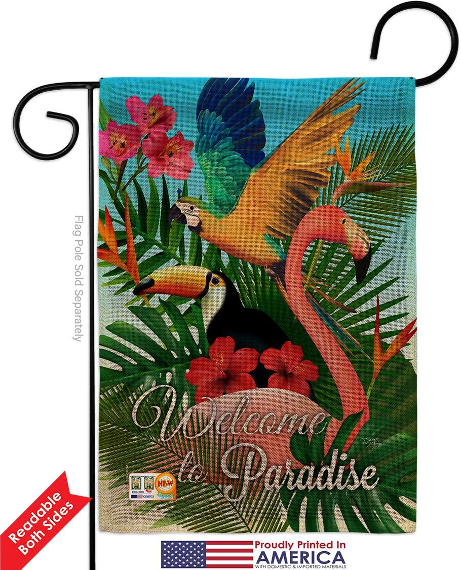 Tropical Bird Paradise Burlap Garden Flag Set with Stand Summertime Ocean Beach Seashells Pineapple Outdoor Summer Aloha Small Decorative Gift Yard House Banner Double-Sided Made In USA 13 X 18.5
