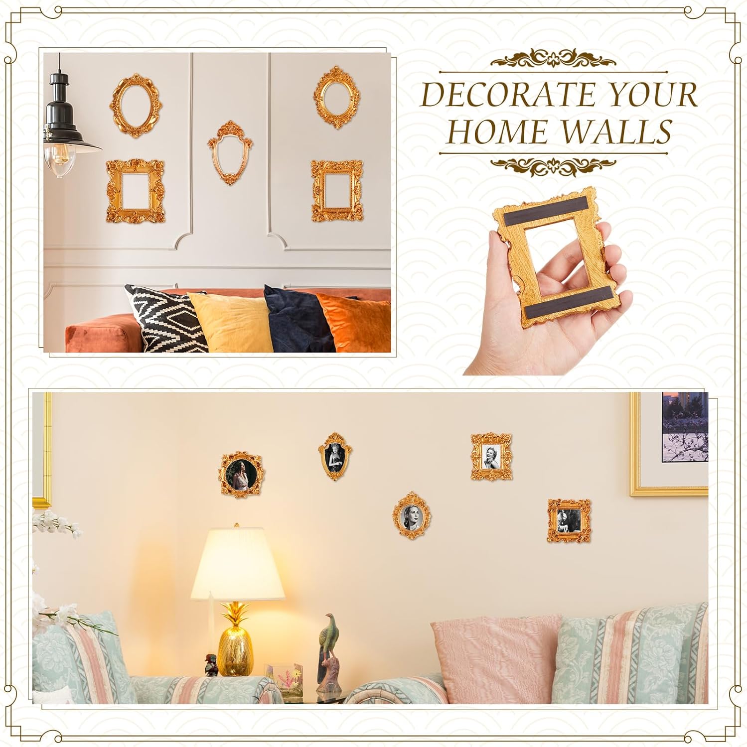 Teenyyou 20 Pcs Mini Gold Picture Frames with Magnetic Tape Small Vintage Resin Antique Miniature Tiny Frames DIY Baroque for Photo Jewelry Home Wedding Decor