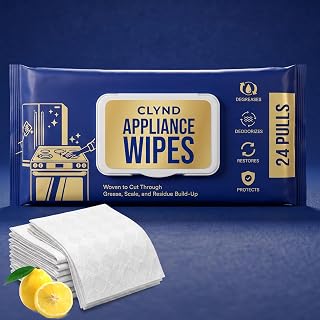 Appliance Wipes, 24 Count, 10 x 8 Inch 60 gsm Diamond-Embossed Sheets | Alcohol-Free Lemon Scent Single Trilayer Resealable Pouch for Stainless Steel Exteriors, Refrigerator Washing Machine Gaskets