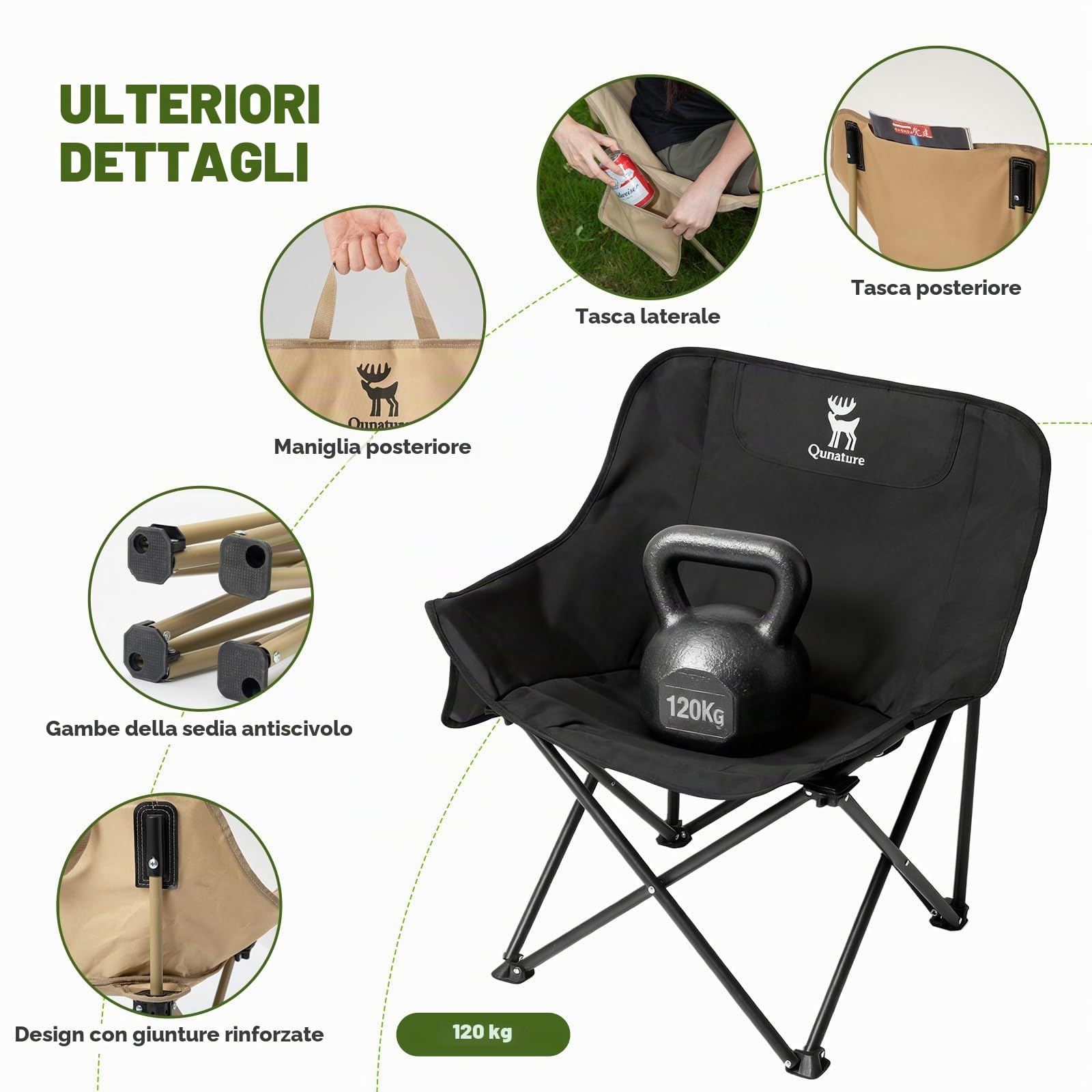 2 Pezzi Sedia da Campeggio Pieghevole Max Portata 120kg per Adulti | Larghezza Seduta 60cm, Tasche Laterali, Portatile con Borsa da Trasporto, Sedie per Pesca Spiaggia Giardino, Kaki