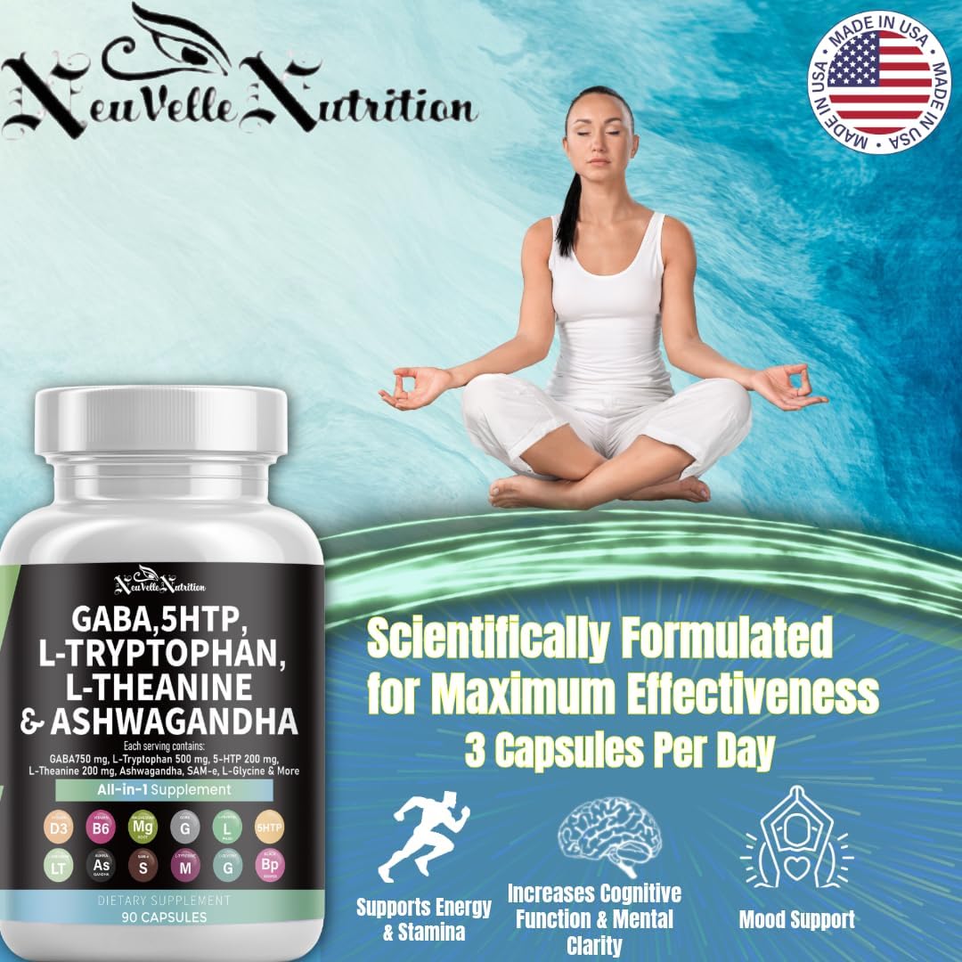GABA Pills with 5-HTP Extract, L-Tryptophan, L-Theanine, Ashwagandha, Vitamins D3, B6, Magnesium, L-Tyrosine, L-Glycine, Sam-e & Black Pepper Mood Support Supplement