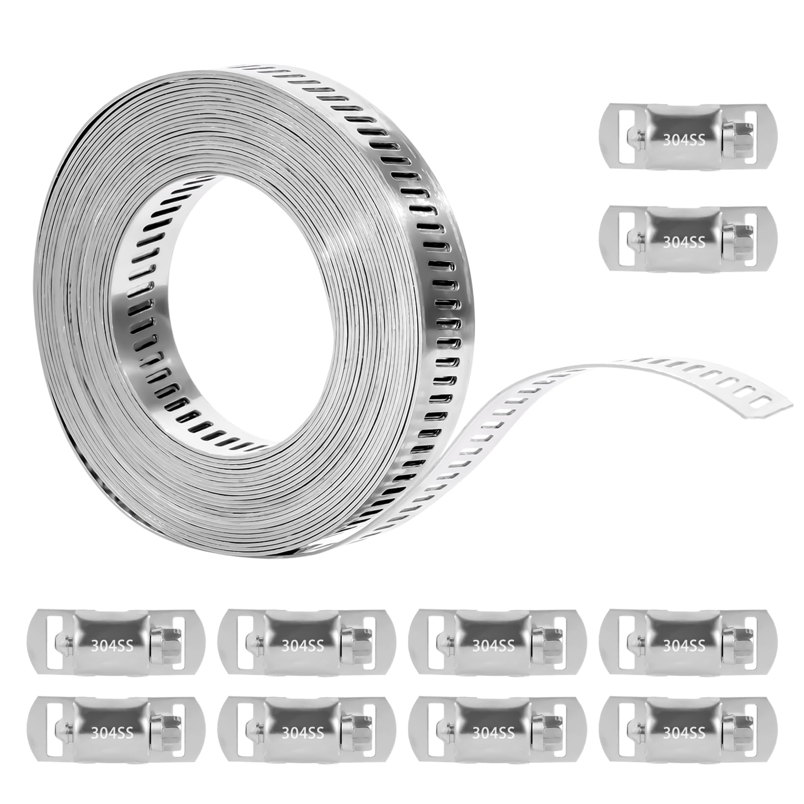4M Fascette Metalliche Stringitubo Acciaio Inox, Fascette Stringitubo Metalliche Acciaio Inox 304 Regolabili, Cinghia Metallica Forata per Tubi Aacqua Gas Automobilistico, con 10 Clips Fissaggio
