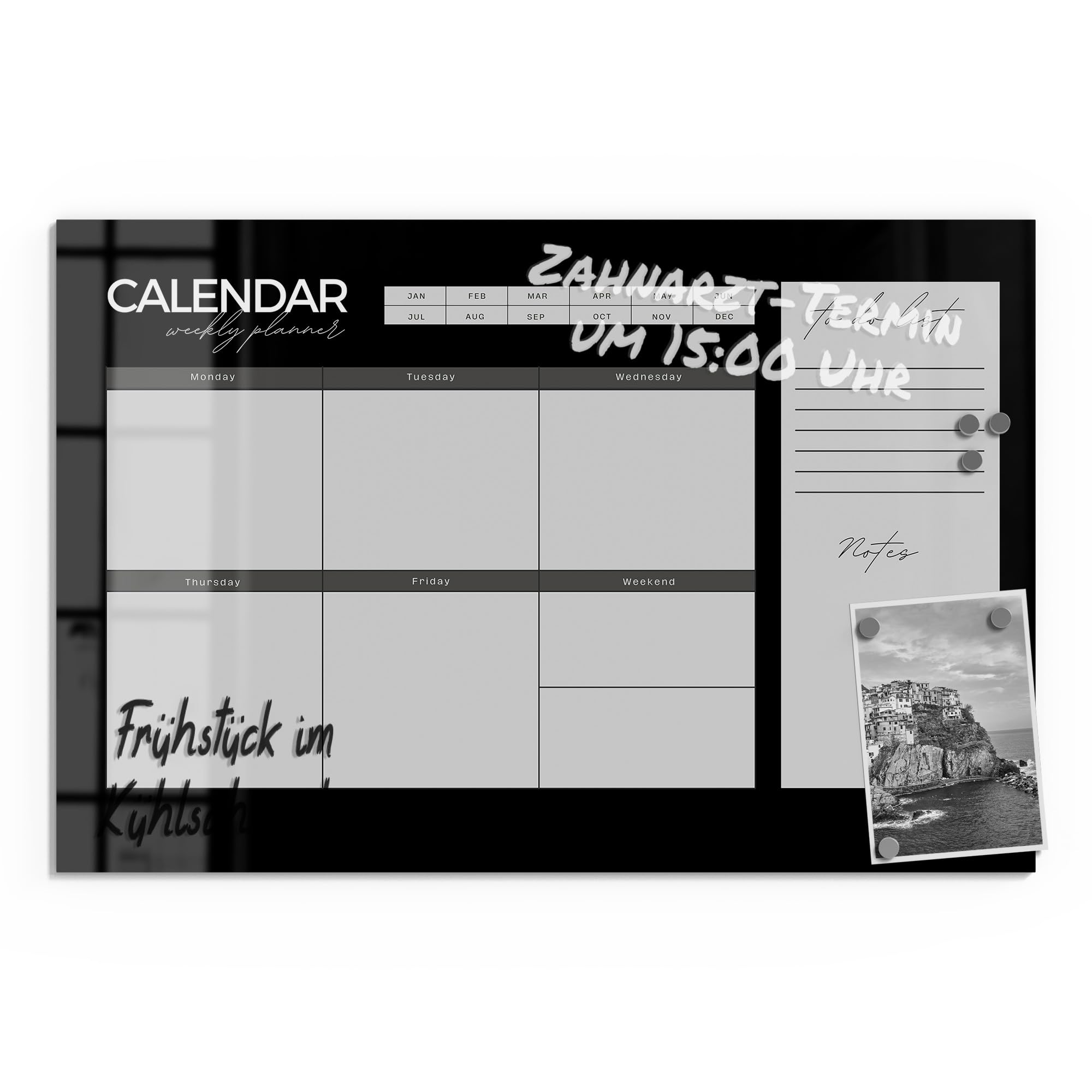 DEQORI Pizarra magnética de cristal, 60 x 40 cm, diseño "planificador semanal negro (EN)", pizarra magnética de cristal, incluye imanes, bolígrafo y paño para cocina y oficina, pizarra magnética y se