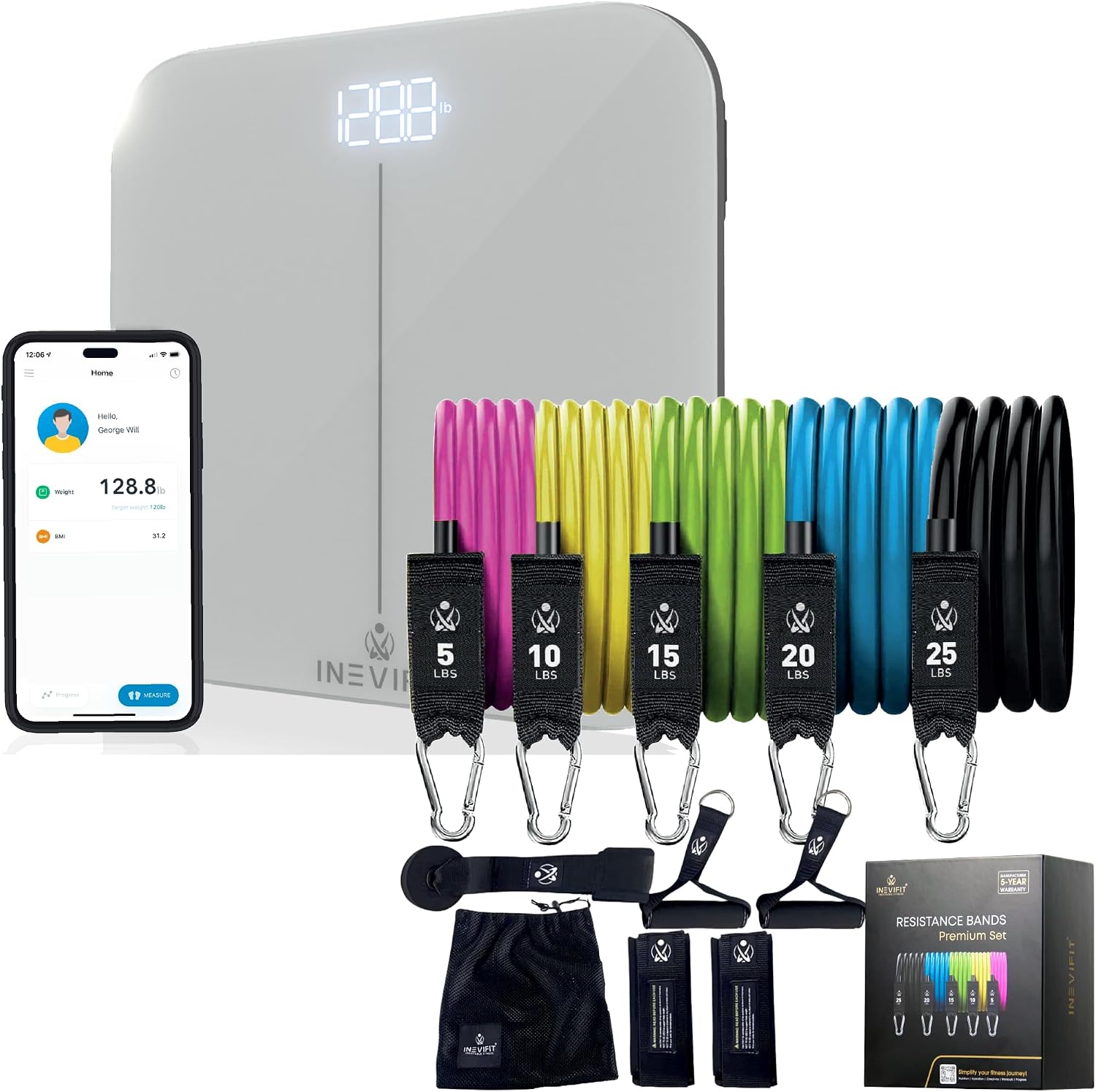 INEVIFIT Strength & Wellness Bundle, Premium Bathroom Scale & 150 LBS Resistance Band Set for Home Workouts
