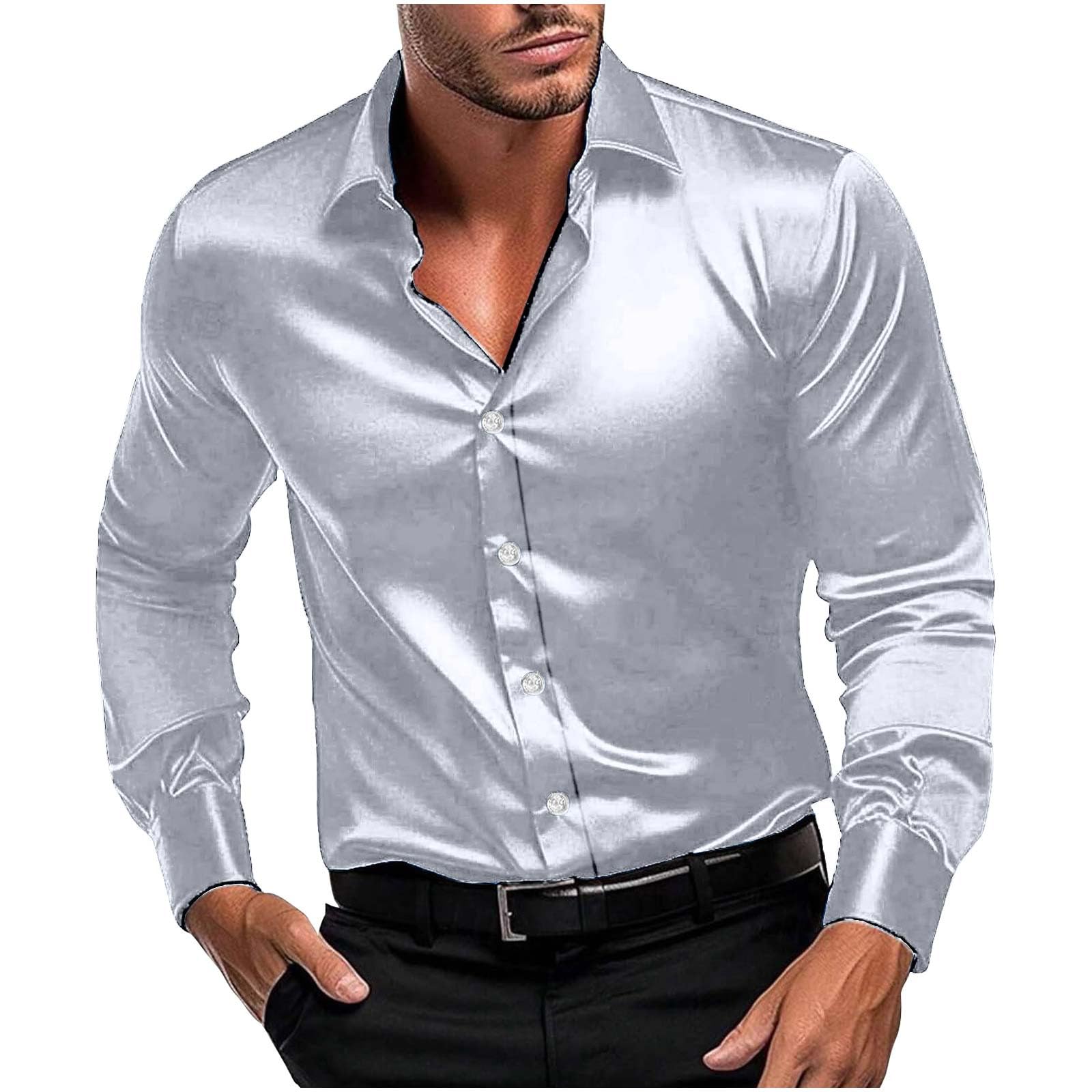 Men Long Sleeve Satin Dress Shirt Shiny Embroidery Silk Like Button Down Casual Luxury Prom Wedding Party Disco Solid