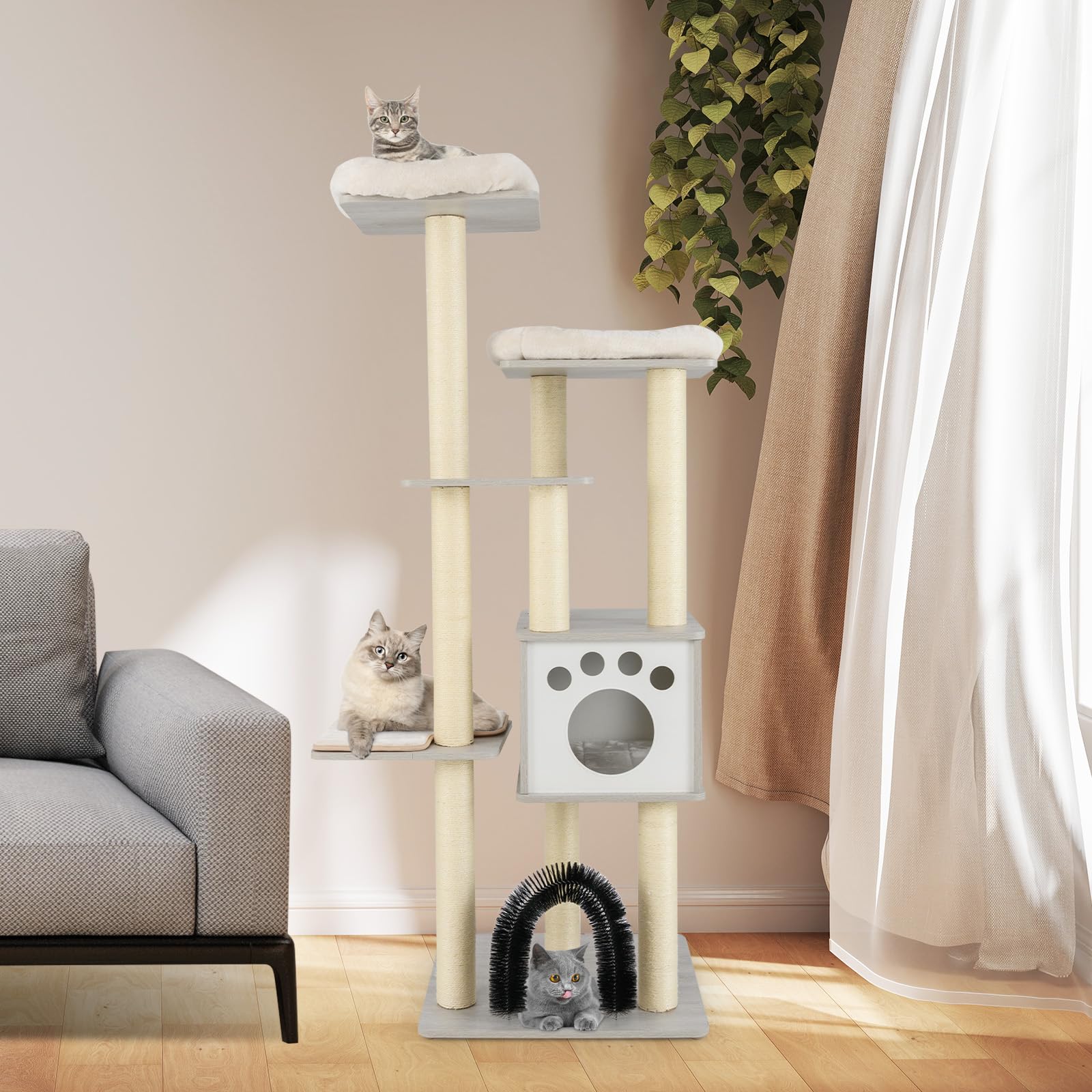 COSTWAY Albero per Gatti 176 cm con 2 Trespoli in Tessuto Felpato, Grigio