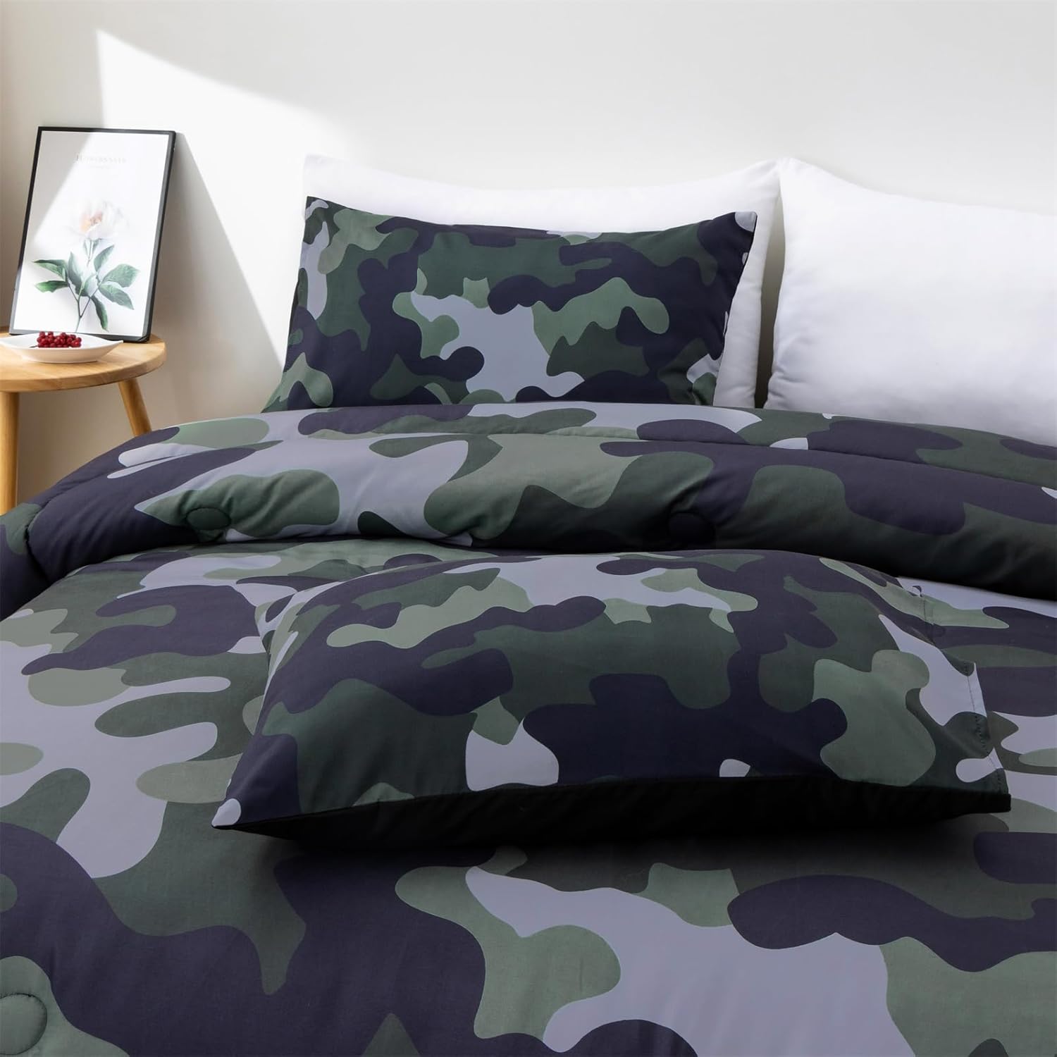 Holawakaka Full Size Camouflage Bedding Comforter Set with Sheets,Boys Girls Men Camo Bed in A Bag 5 Pieces,Kids Teens Dorm Bed Sets Neutral Farmhouse Lodge Cabin Army Bedspread (Dark Green,Full) - Image 5