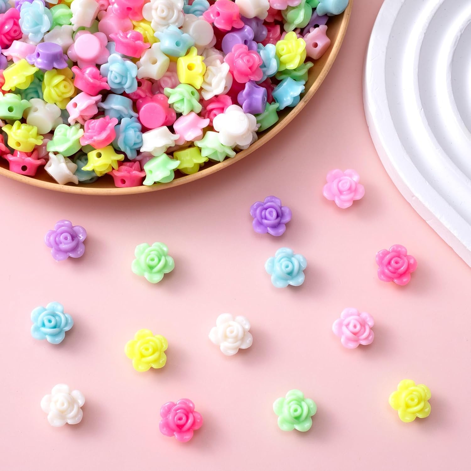 280 Pcs Colorful Flower Beads, Carved Rose Beads, Flat Back Acrylic Bead, Flower Bead for Jewelry Making, Bracelets, Necklaces, DIY Crafts (Multiple Colors) - Image 3