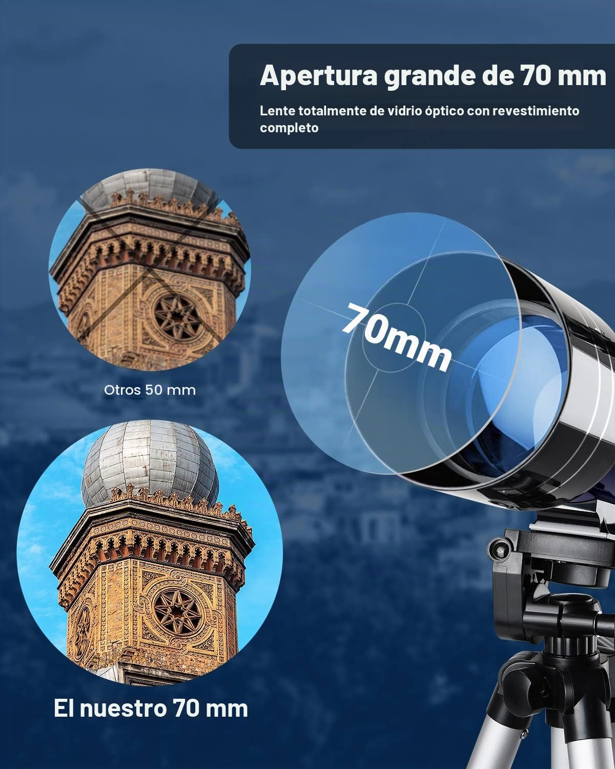 ESSLNB Telescopio 70mm 180X Telescopios Astronomicos con Ajustable Trípode Adaptador de Teléfono 3X Barlow Lente y Filtro de Luna