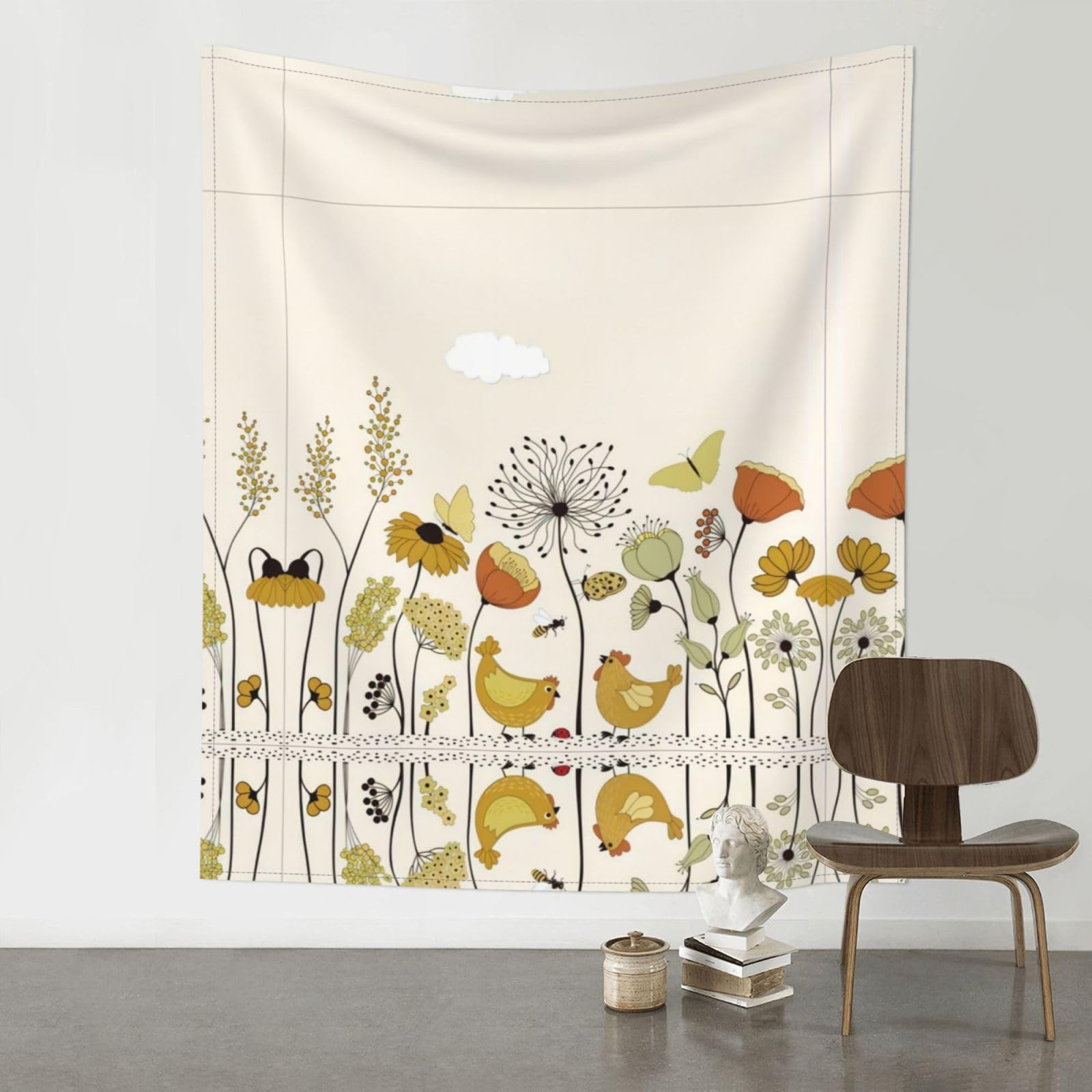 YYHHAOFA Hen Flying Butterflies Among Flowers Prints 60x51in Wall Tapestry – Durable Polyester Throw for Dorm, Beach, & Home Decor