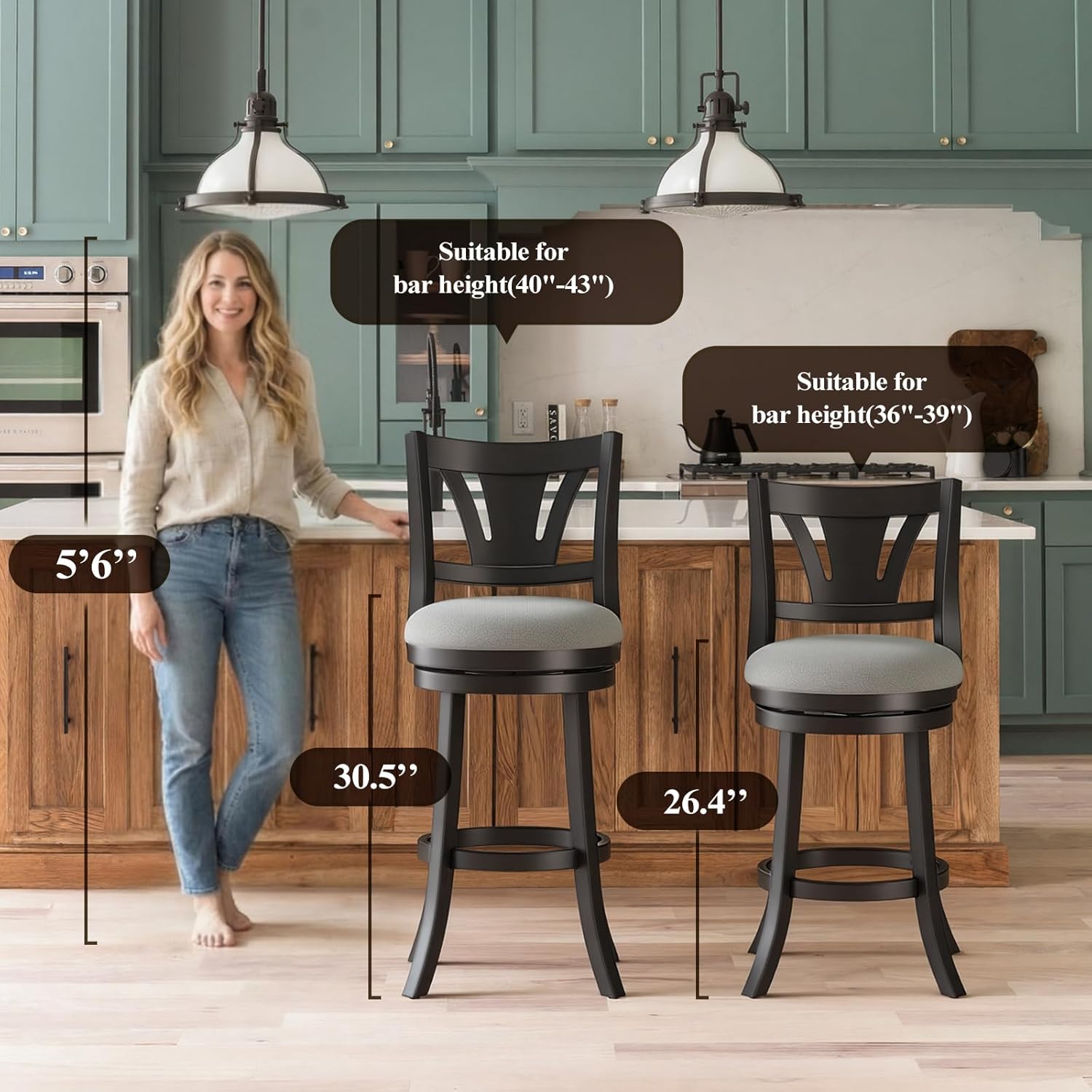 MALOL Swivel Bar Stools Set of 1, 26 Inch Counter Height Barstool with Silent Rotation, High-Density Foam Cushion, Solid Wood Frame, Footrest & Anti-Slip Pads for Kitchen Islands and Home Bars (Grey)