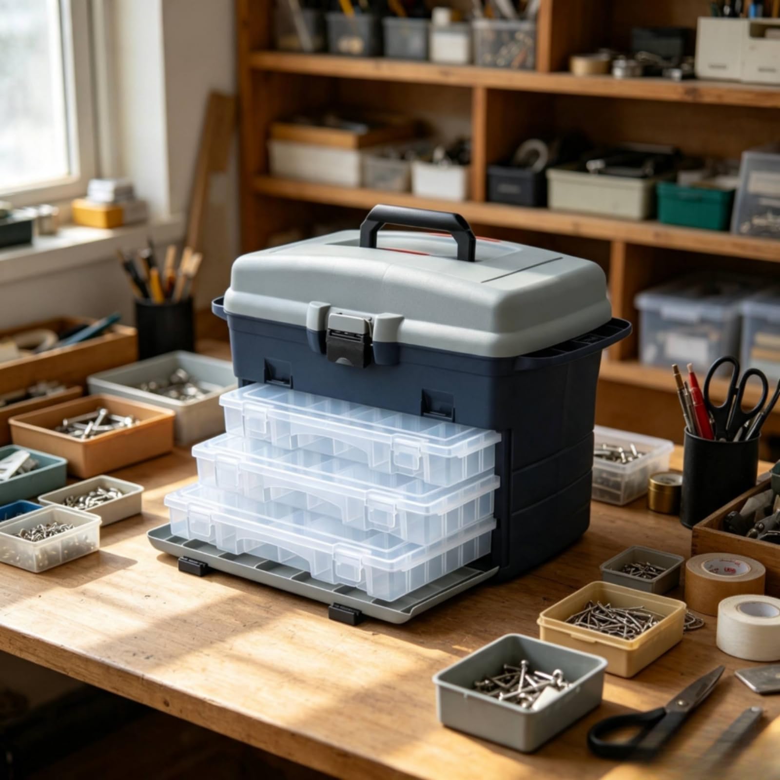 Contenitore Attrezzatura da Pesca Scatola Tackle Organizer Cassetta Portaesche con Vassoi Estraibili Design a Due Livelli in Plastica Robusta con