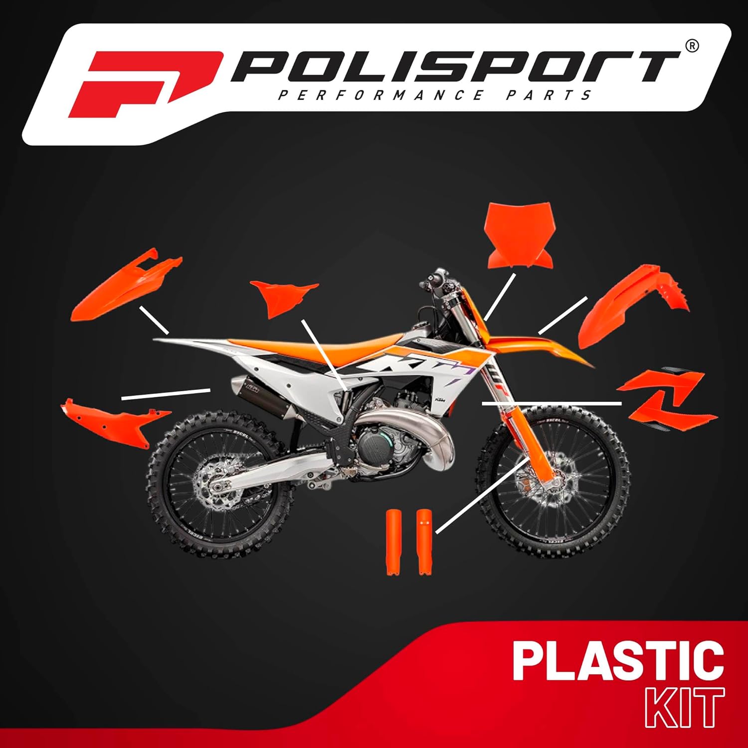 Polisport Motocross (MX) Replica Plastic Kit for KTM SX/SX-F & XC/XC-F (2023–2024) Dirt Bike – OEM Quality, Durable, Flexible & Perfect Fit – Orange