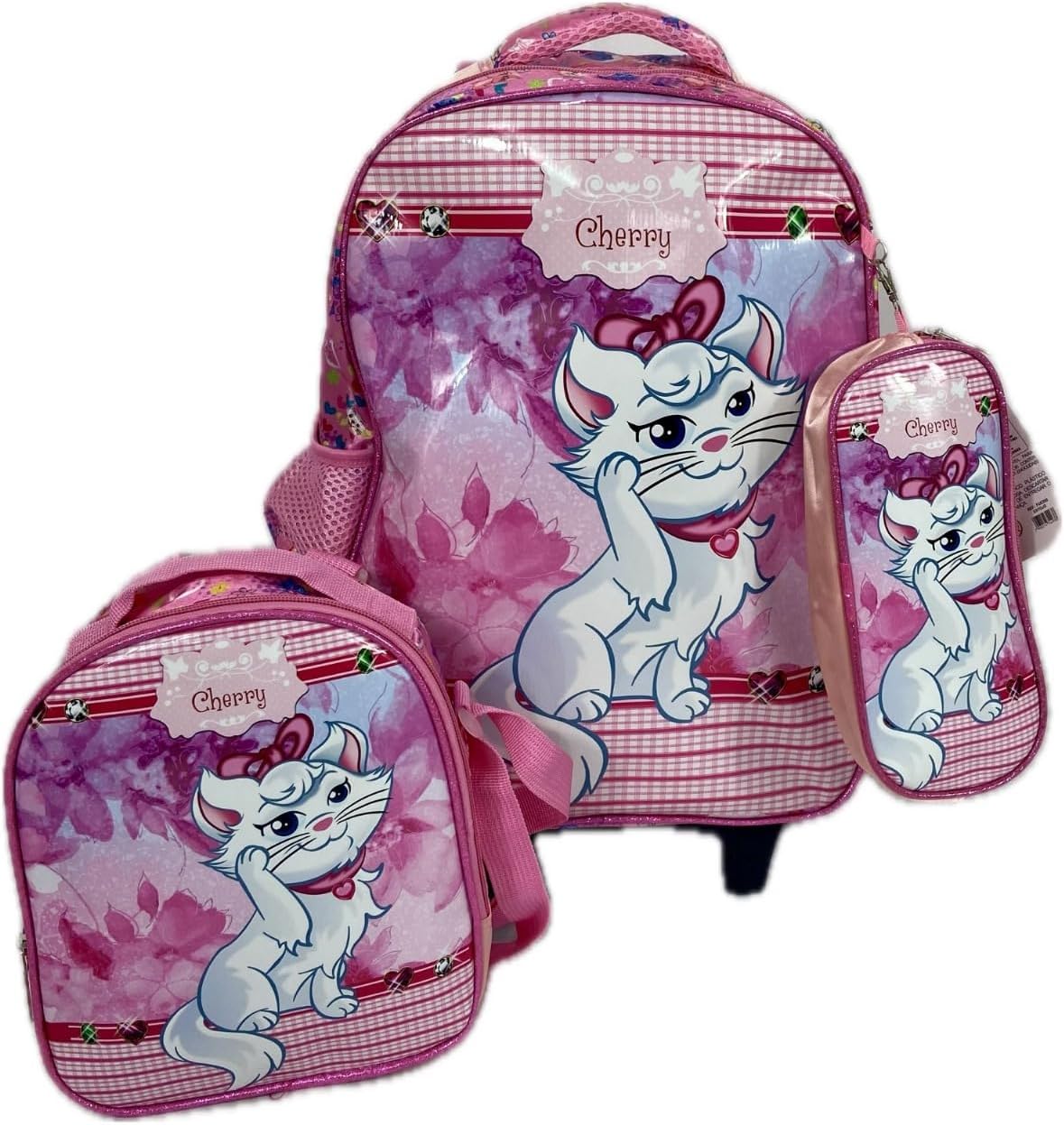 Kit De Mochila Escolar Infantil Feminina Gatinha Cherrey Com Rodinha Em Silicone Acompanha Lancheira Termica E Estojo
