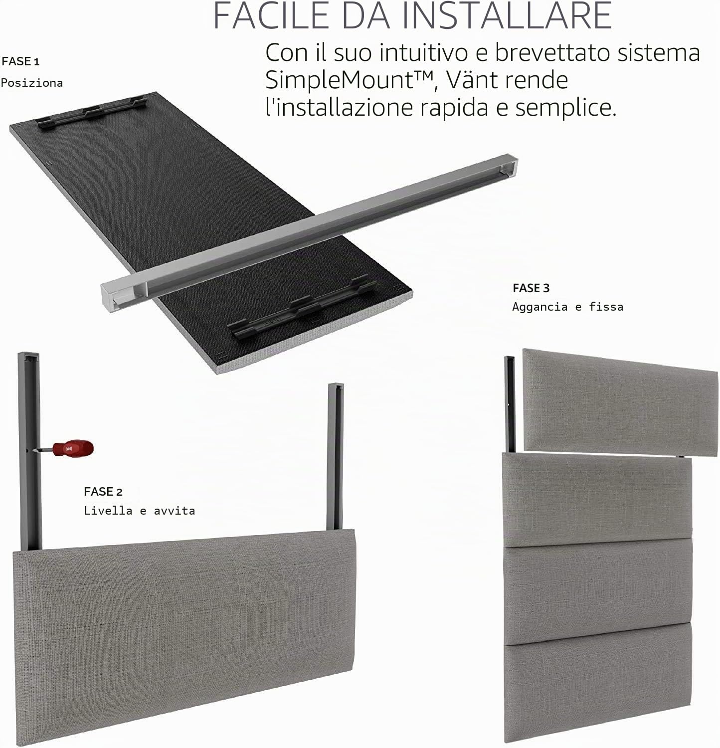 VANT Testiera Imbottita - Pannelli da Parete - Confezione da 4 - Facile da Installare - Letto Singolo e Matrimoniale (76cm Largo , Weave Steal Nero)