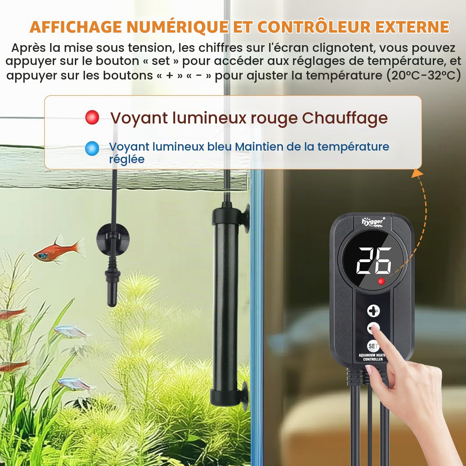 hygger Titanium Chauffage Aquarium 100W,Submersible Fish Tank Heater avec Digital Display Controller pour 57-76L Saltwater and Freshwater Aquariums
