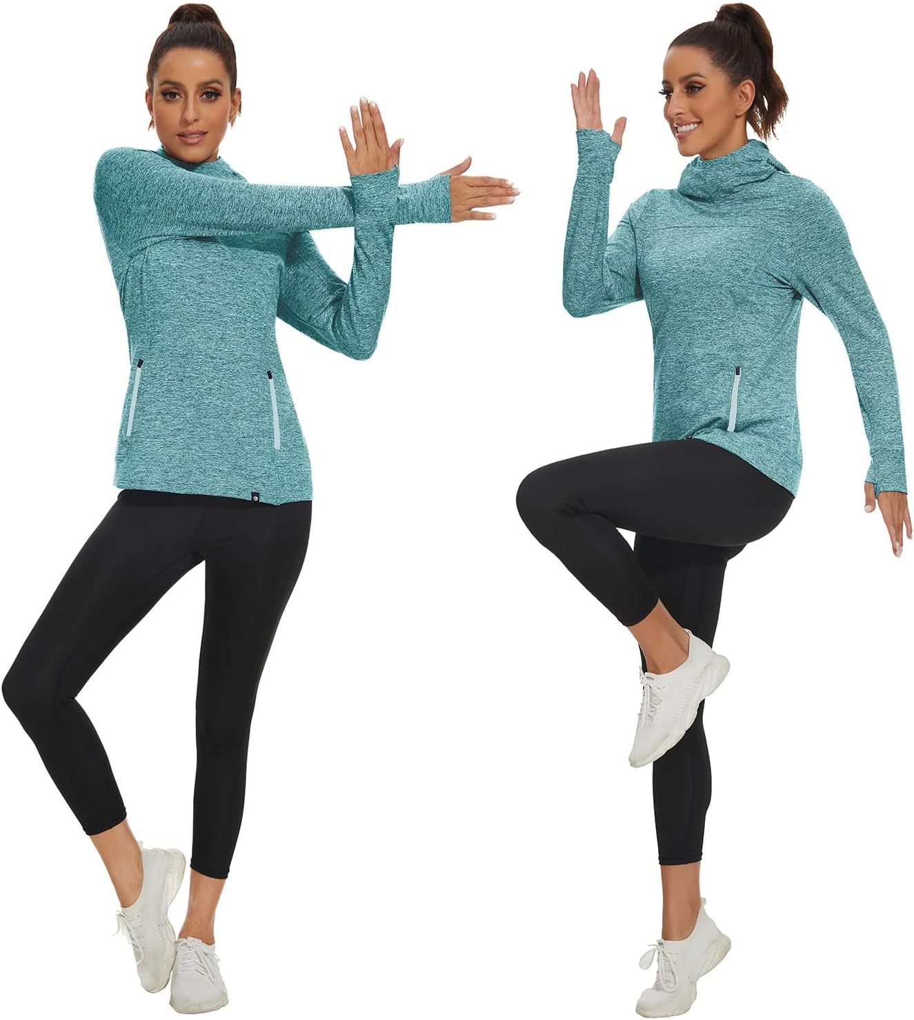 Soneven Women's Running Fleece Sweatshirts Cowl Neck Warm Pullover Hoodie Long Sleeve Thermal Shirt with Pocket
