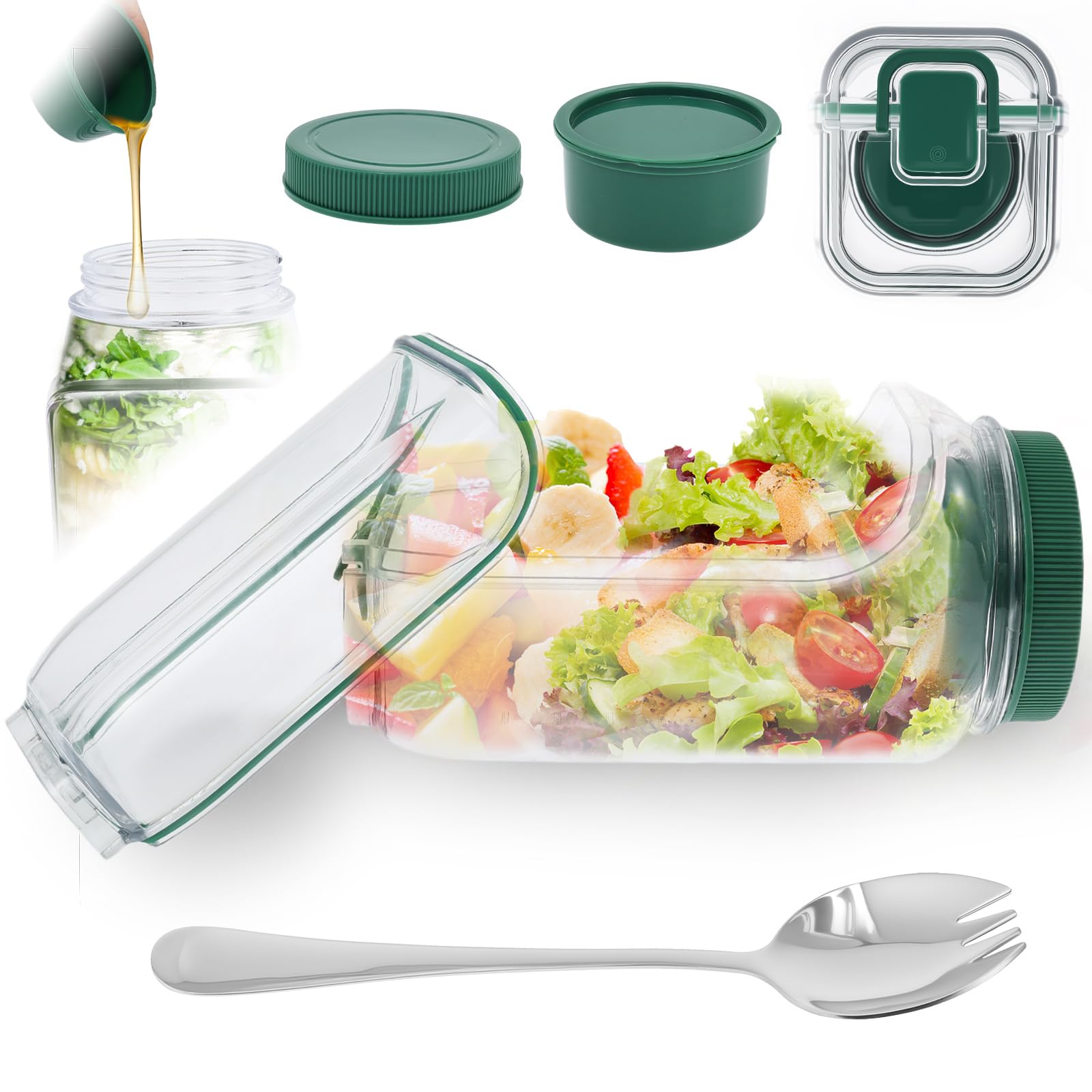 YUEKUNTJ Salad Containers Plastic Interval Salad Box 1000ml Crisper Container Leakproof with 90 ml Dressing Cup and Fork Plastic Side Opening Salads Jar Dishwasher Safe for Office Picnic Travel