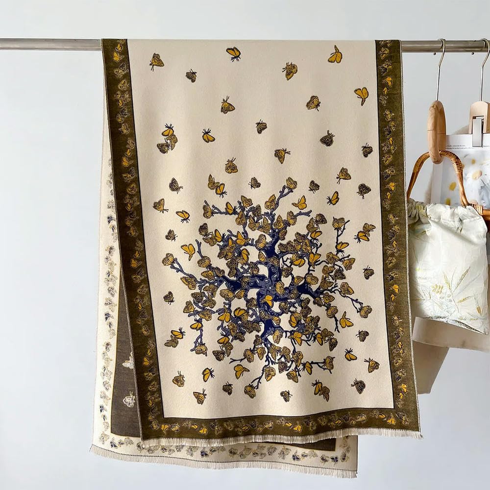 Bufanda de Cachemira con Estampado Floral y Mariposas para Mujer, chales Gruesos y cálidos para otoño e Invierno, Bufandas para Mujer, Mantas para Oficina