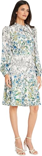 Maggy London Women's Dresses Long Sleeve Dress with Mock Neck with Tie, Ivory/Bl