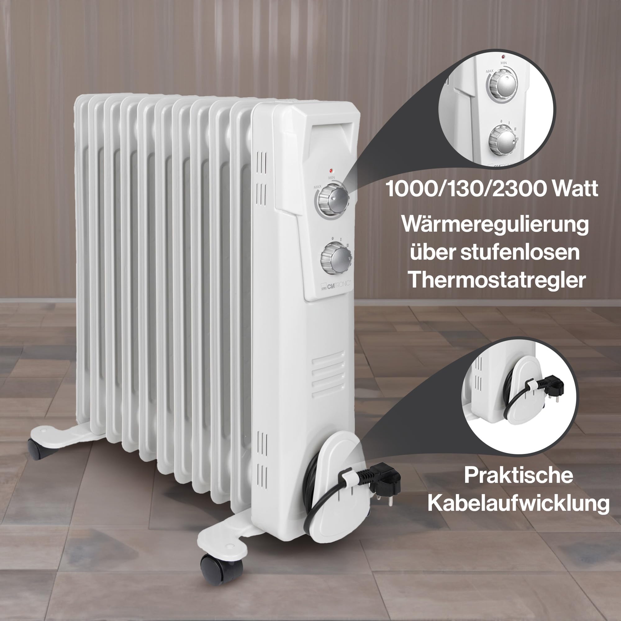 Clatronic® Radiador de aceite | Calefacción móvil eficiente | Calefacción eléctrica con 11 costillas | Radiador con 3 niveles de potencia | Radiador Slimline | hasta 50 m² | 2300 W | RA 3737