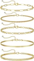 DEARMAY 14K Gold Plated Bracelet Set for Women - 5pc Cuban Link, Paperclip, Figaro Chain Dainty Jewelry Stackable Gifts