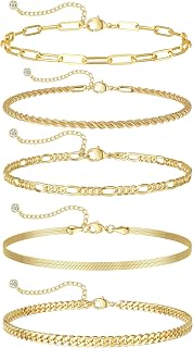 DEARMAY 14K Gold Plated Bracelet Set for Women - 5pc Cuban Link, Paperclip, Figaro Chain Dainty Jewelry Stackable Gifts