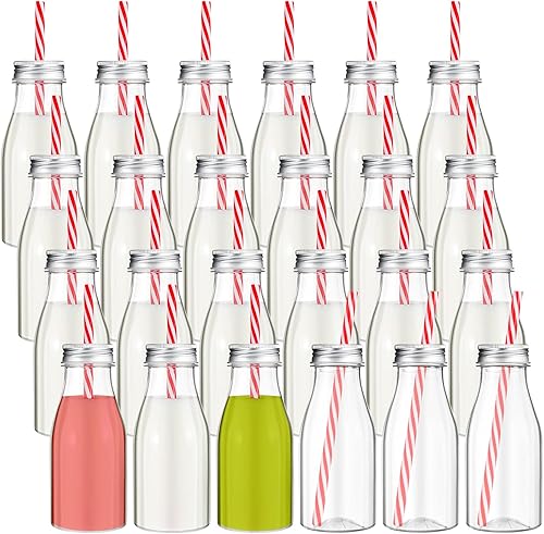 Irenare 40 juegos de botellas de leche pequeñas de plástico con popotes y tapas de metal, botella de plástico transparente para leche láctea,