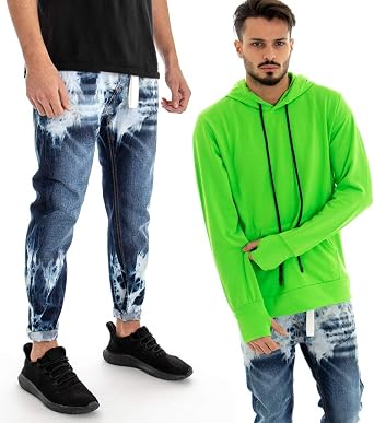 Giosal Outfit - Sudadera para hombre, color verde neón, manga de guante,  vaqueros, tie-dye lavado, caballo bajo, completo turquesa L: Amazon.es: Ropa