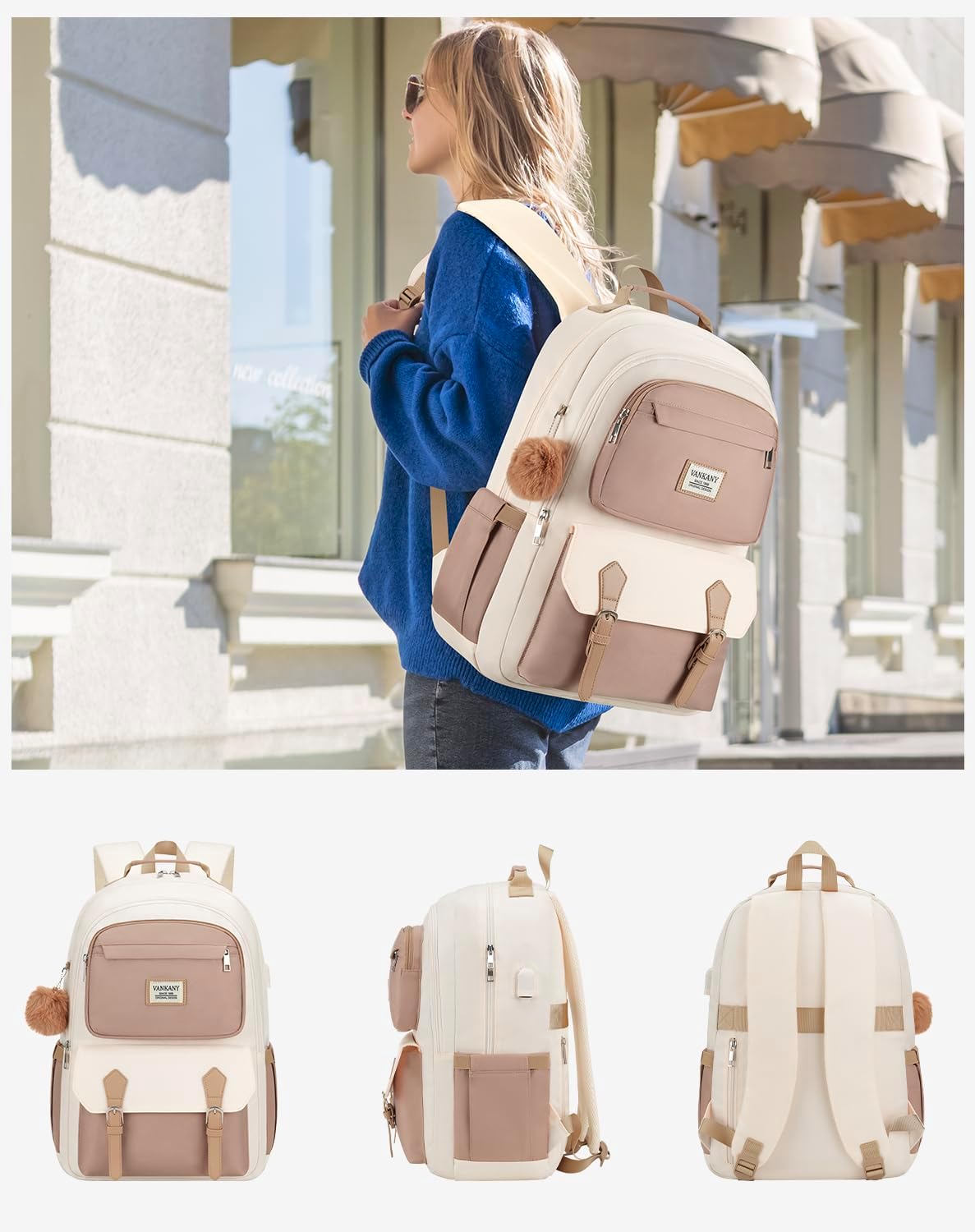 School Backpack for Teen Girls, Aesthetic Schoolbag for Middle School High School, Cute Laptop Bookbag for College Women Students Mochilas Niñas, Khaki Beige - Image 6