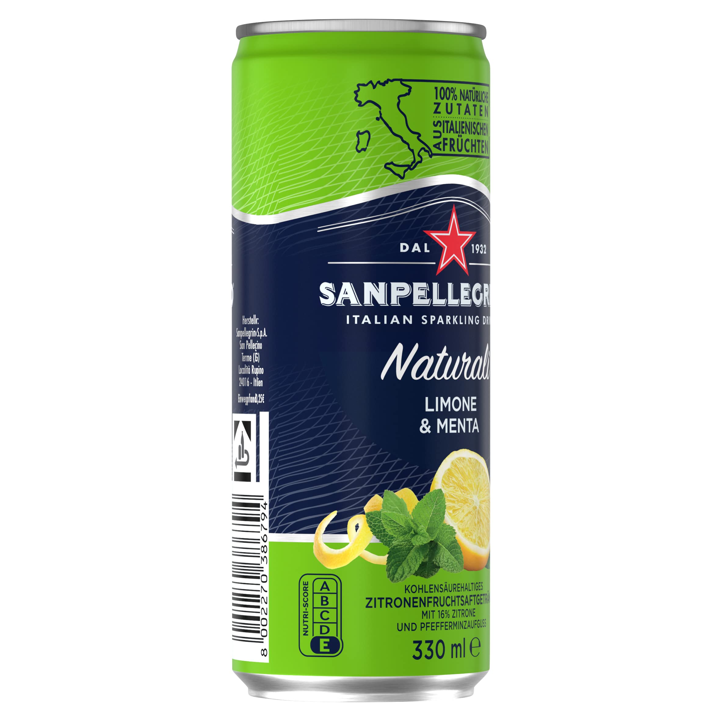 Sanpellegrino Naturali Limone & Menta, Zitrone-Minz-Limonade mit 16% Zitronensaft, 24 x 330ml Einweg-Dosen & Naturali Limonata, Zitronen-Limonade mit 16% Zitronensaft, 24 x 330ml Einweg-Dosen
