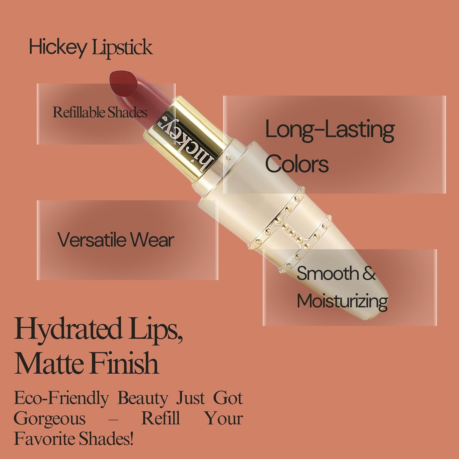 Hickey Lipstick Set, Haute Mess (Terracotta), Refillable Silver Case with Chain, Satin Pouch & Ribbon (Wearable Necklace), Long Lasting Hydrating Velvet Finish Lipstick for Women - Vegan & Gluten-Free