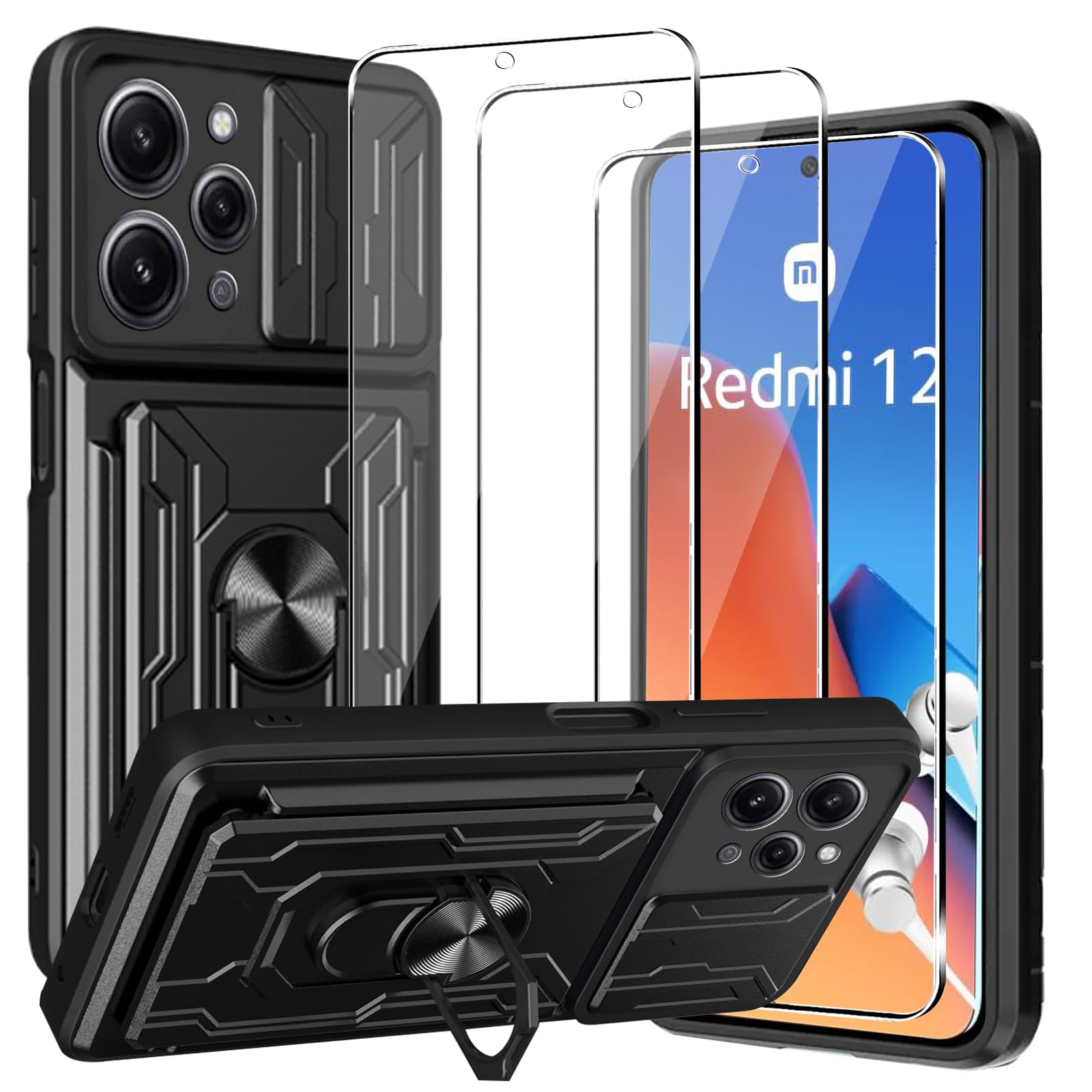 CONAPIKA Case for Xiaomi Redmi 12 with 3 Pieces Screen Protector, Camera Protection, 360° Metal Ring Stand, Card Slot Slot
