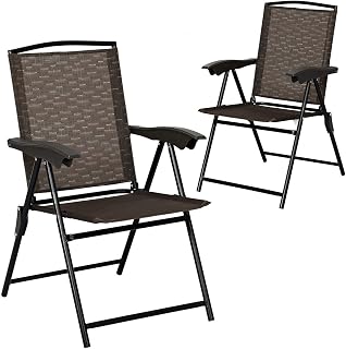 Giantex 2 Pack Patio Dining Chairs, Adjustable Sling Back Chairs with Armrest, Folding Patio Chairs Portable for Camping Garden Pool Beach, Deck Lounge Chairs
