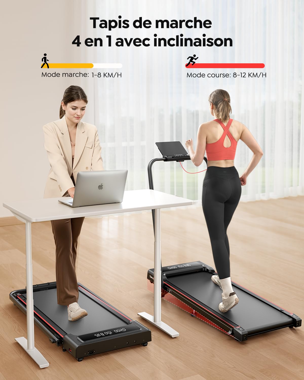 4en1Tapis de Course, inclinable de 9%,12km/h,Tapis de Marche Pliable,Foldable Treadmill,Walking Pad,Compact et Portable,2.5 HP, Peut être placé sous Le canapé,Double écran LED, adapté au Bureau