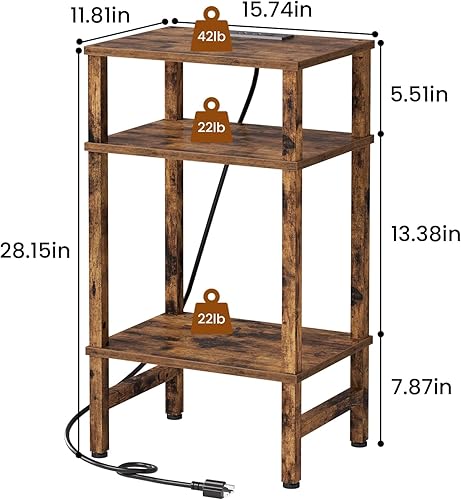 Miniatura 3 de Mesa auxiliar de 3 niveles con estación de almacenamiento y carga rápida, mesita de noche alta y estrecha con puerto tipo C y puerto USB, mesa