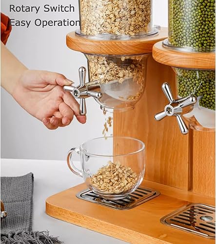 Vista 5 de Dispensador de cereales, dispensador de alimentos secos con cubo de PC y base de madera, almacenamiento de contenedores de cereales para encimera