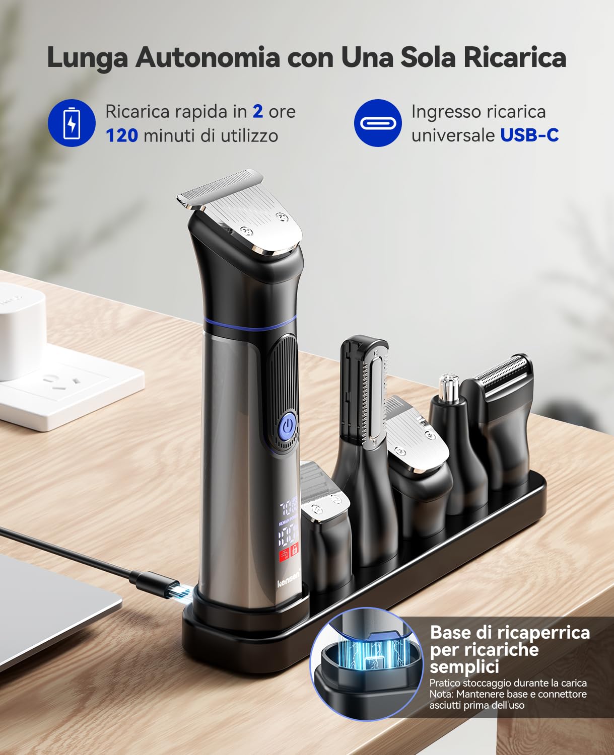 Kensen Rasoio Elettrico Corpo Uomo All-in-one Multigroom Autonomia 120 Min | 2 velocità Wet & Dry 18 in 1 Regolabarba Macchinetta Barba Uomo con Testine intercambiabili per corpo barba e capelli, 3-15mm