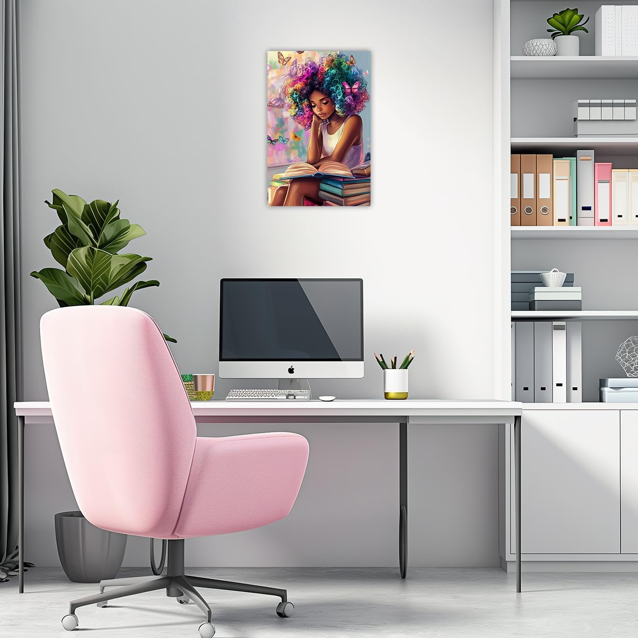 AWPANERAR Black Girl Reading Book Wall Art African American Canvas Print Butterfly Girl Picture Fashion Black Girl Poster for Boho Teen Girls Bedroom Decor Framed (Pink, (18L x 12W))