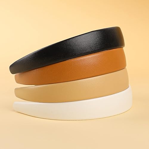 Miniatura 4 de Vin Beauty Paquete de 4 diademas de cuero sólido para mujer, diadema antideslizante de 1 pulgada de ancho, elegantes y suaves, de poliuretano,