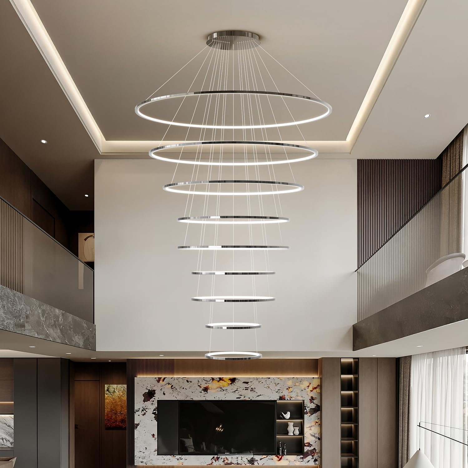 - 9-Ring LED Pendant Light with Black Remote Control Adjustable, Ceiling Circular Pendant Light Suitable for Large Villa Living Rooms, Duplex Buildings, Stairs, Entrance Halls, D55 inches