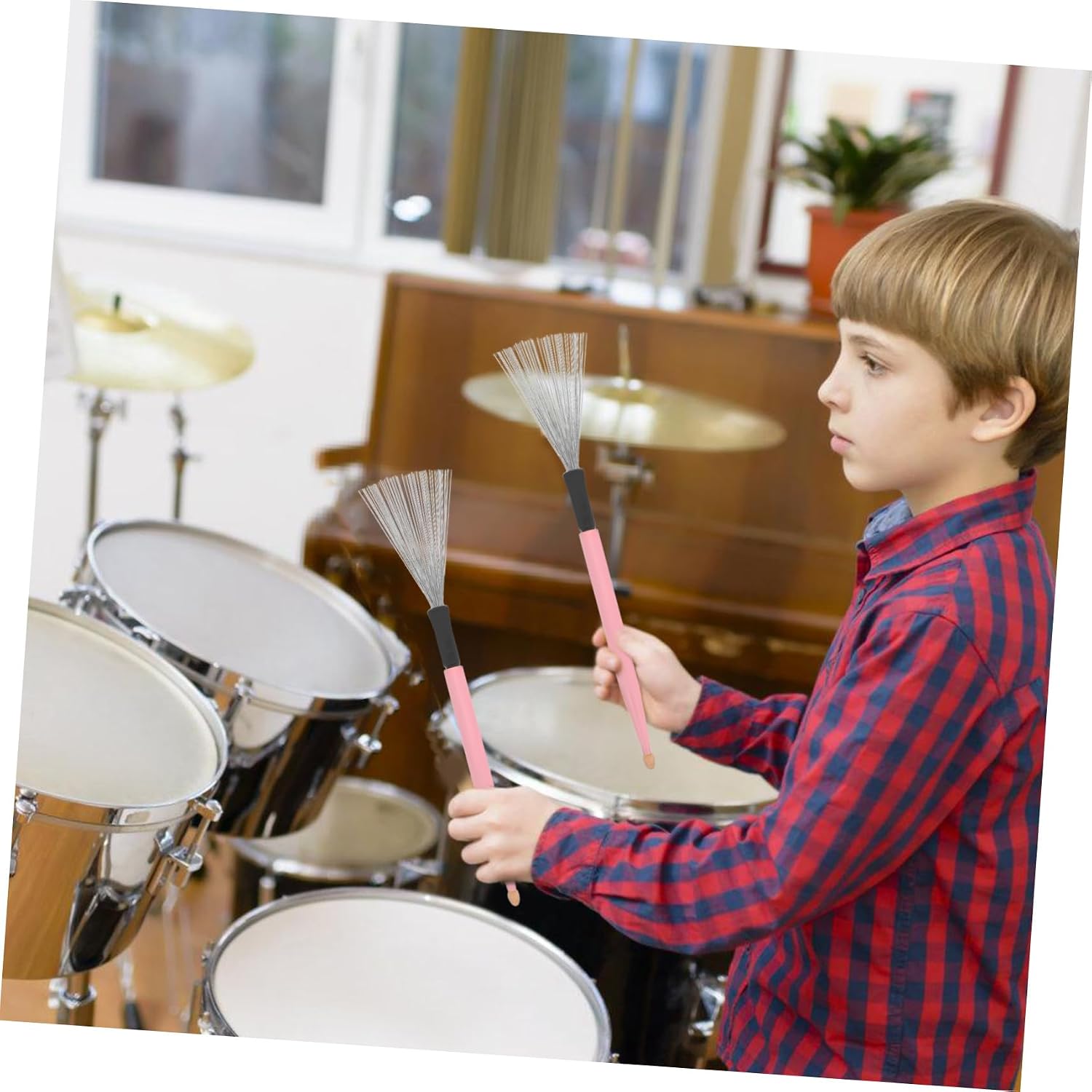 Veemoon Jazz Drum Brush with Maple Handles Carbon Steel Wire Retractable Brushes for Percussion Instruments Compact Lightweight Drumsticks for Cajon and Drum Kit Soft Grip Slip Design for